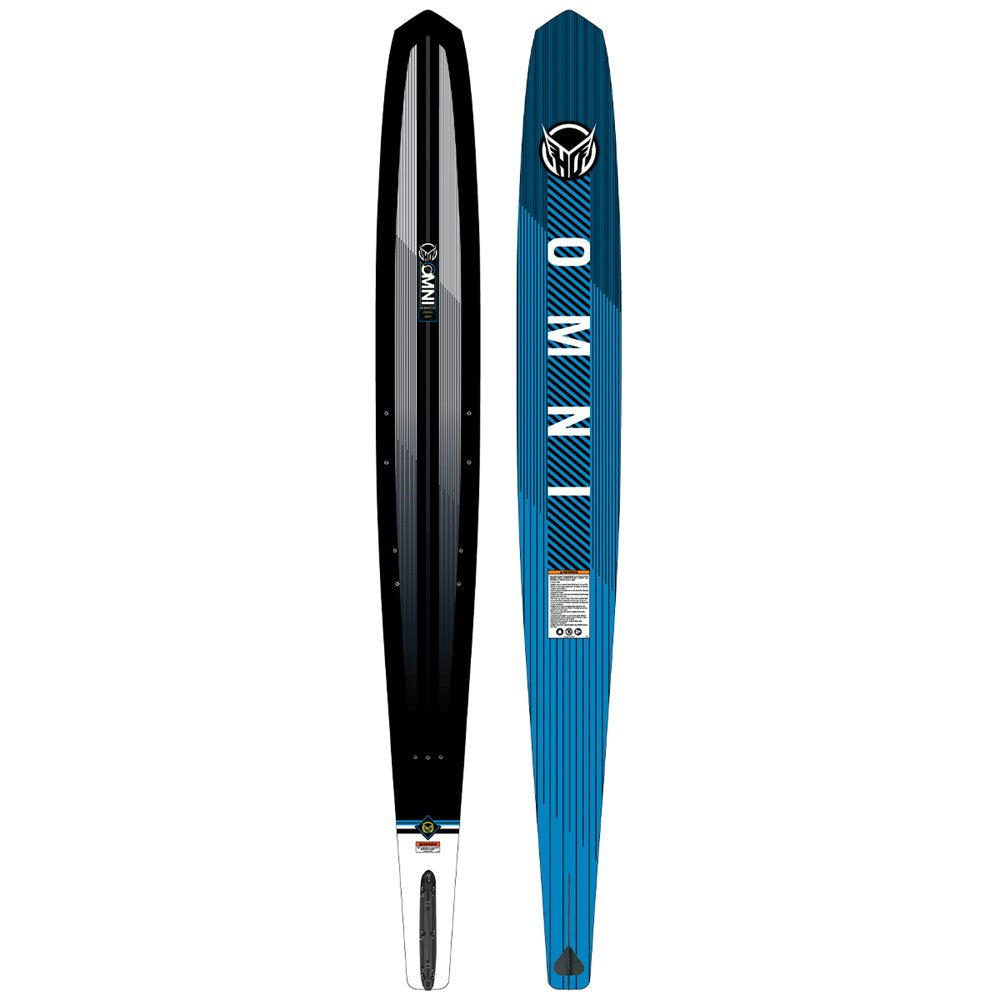 Top and bottom view of a Black and blue water ski with 'HO Omni' brand logo on a white background