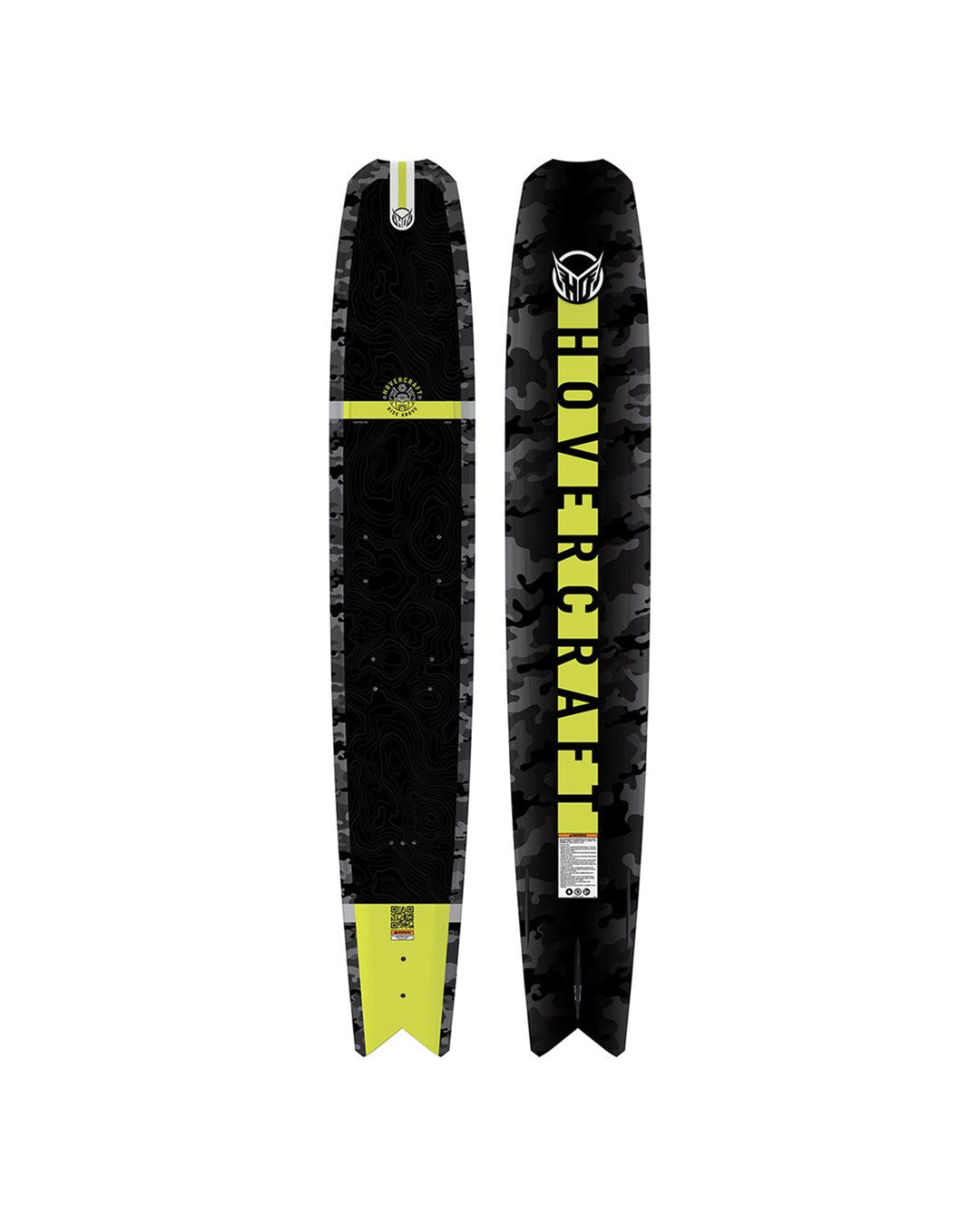 Front and back image of single black and yellow waterski. 'Hovercraft' branding on a white background