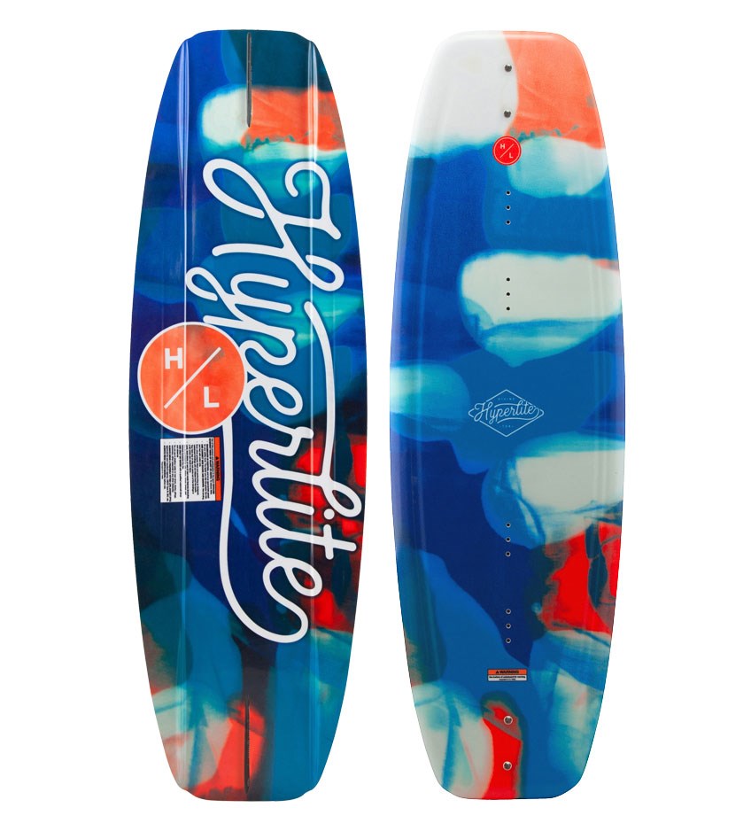 Top and bottom views of a colorful Hyperlite wakeboard on a white background. Hyperlite Divine branding