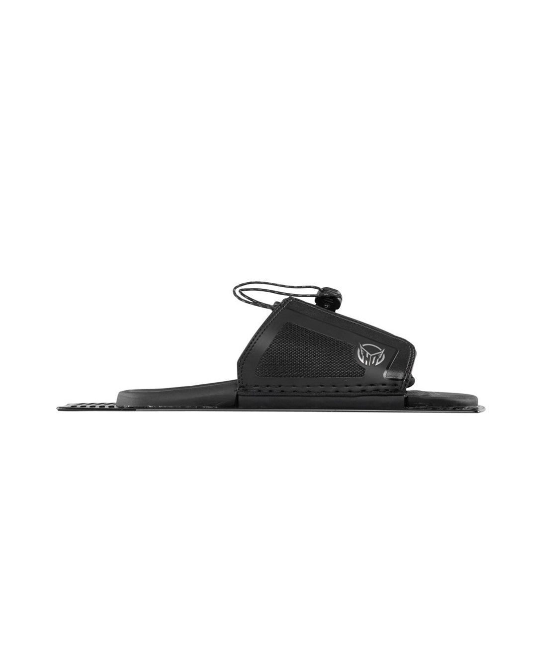 Black waterski boot with a binding on a white background