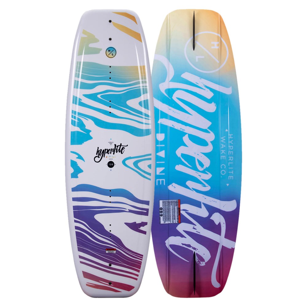Two sides of a Hyperlite Divine wakeboard with colorful design on a white background