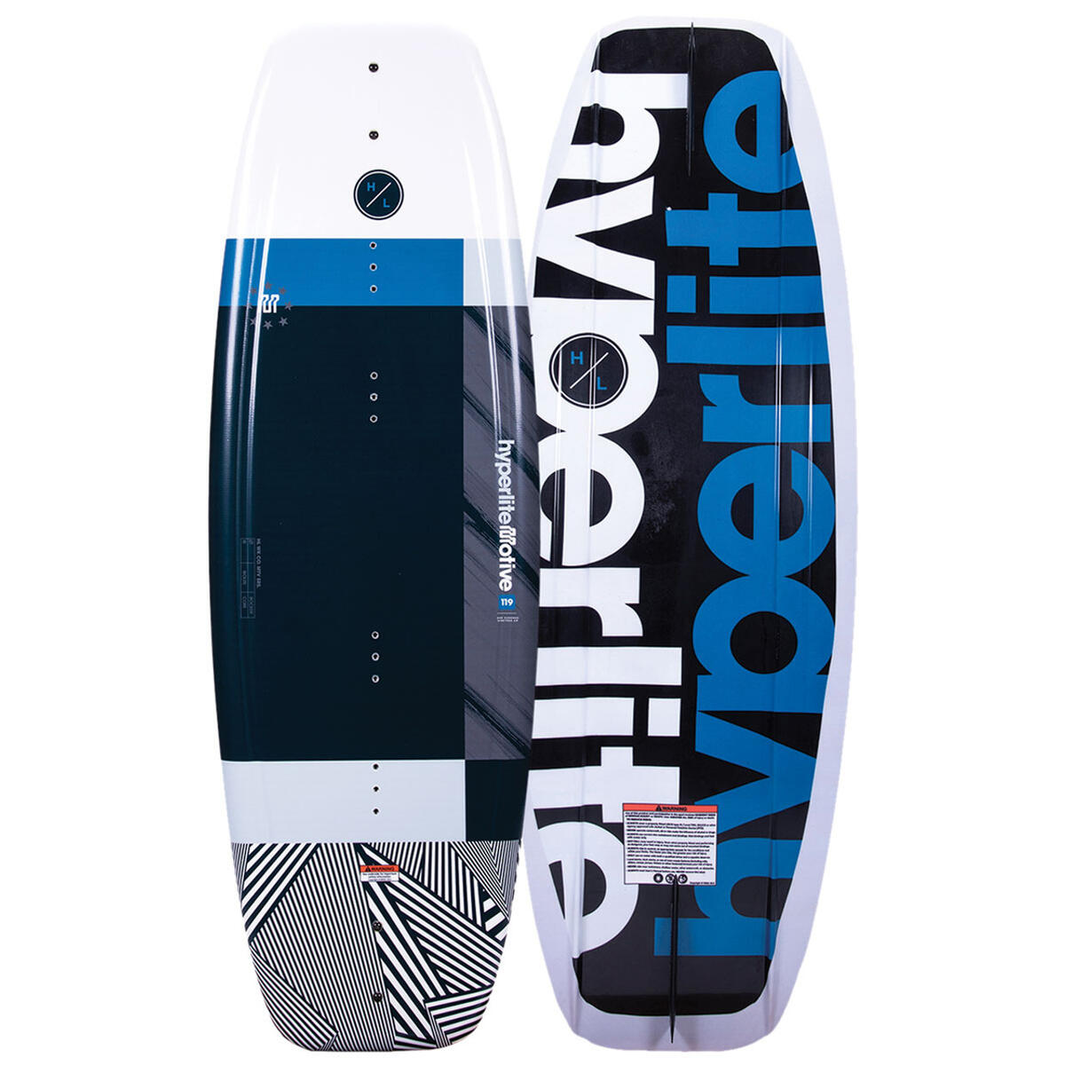 Front and back images of a Hyperlite wakeboard with black, blue and white design. Displayed side by side on a white background