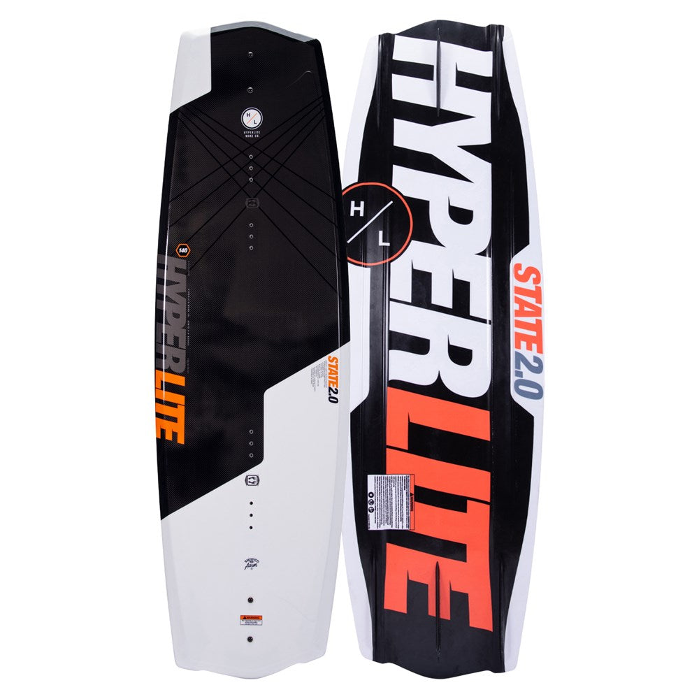 Hyperlite Remix wakeboard front and back pictured side by side. Black and white board with white and orange branding on a white background