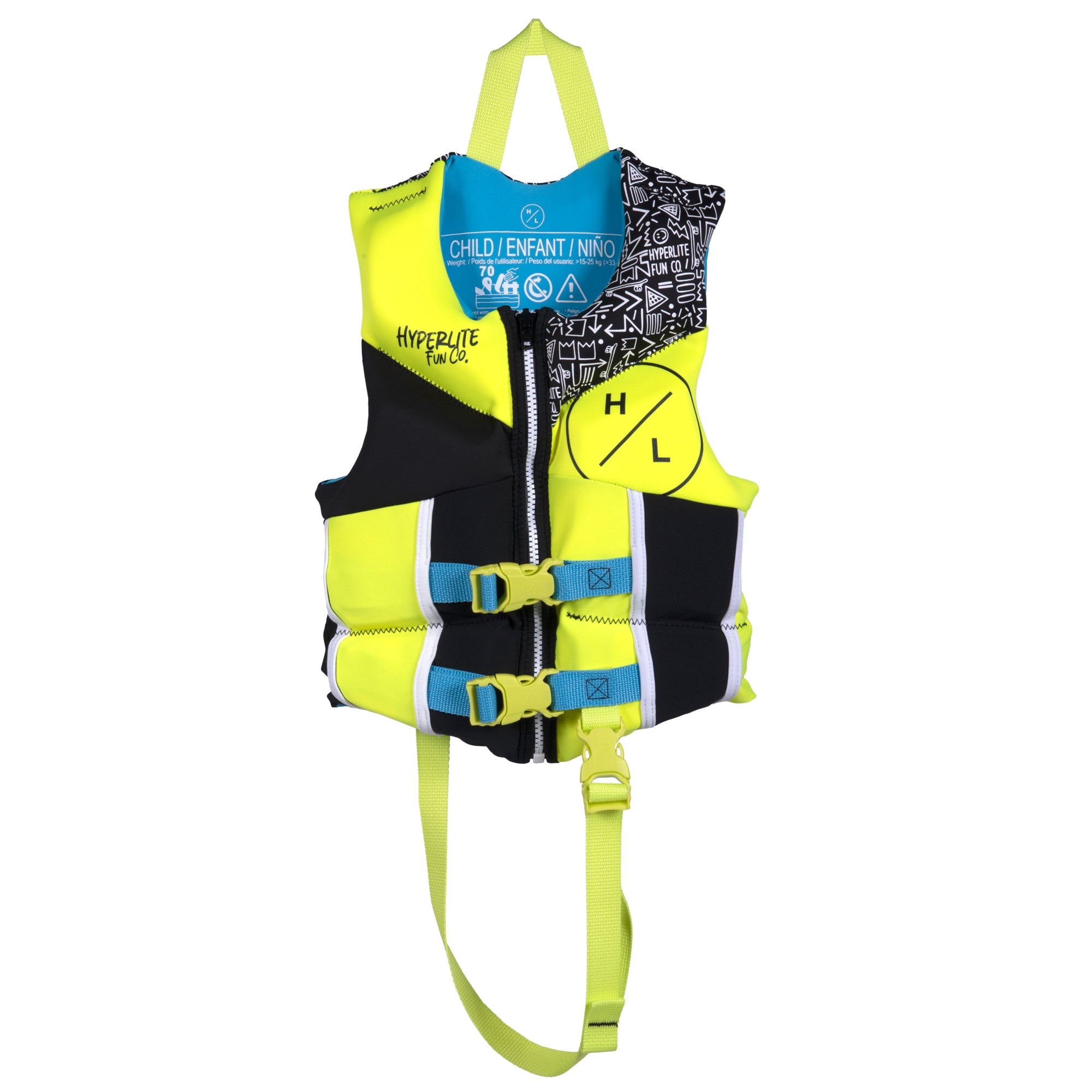 Front view of a boys Hyperlite child size life vest. Yellow and black design with blue accents on a white background