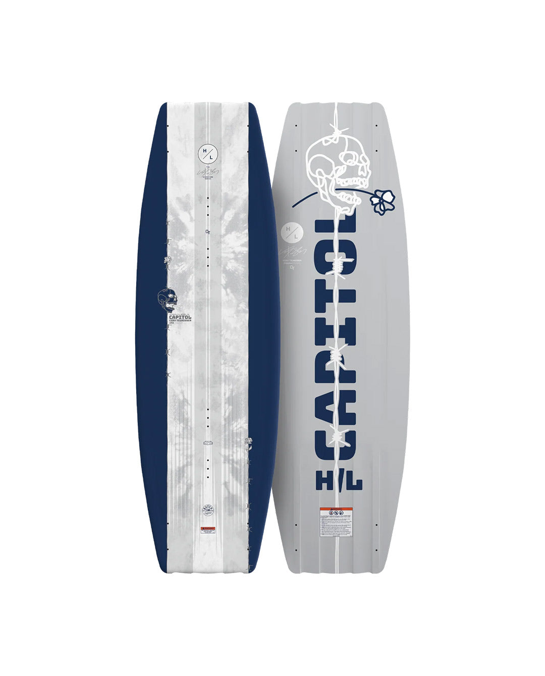 Front and back views of a Hyperlite wakeboard with 'Capitol' branding on a white background