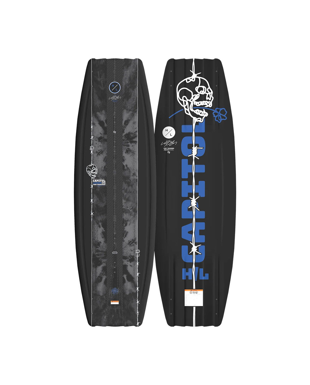 Black wakeboard with white and blue graphics on a white background. 'Capitol' branding in blue