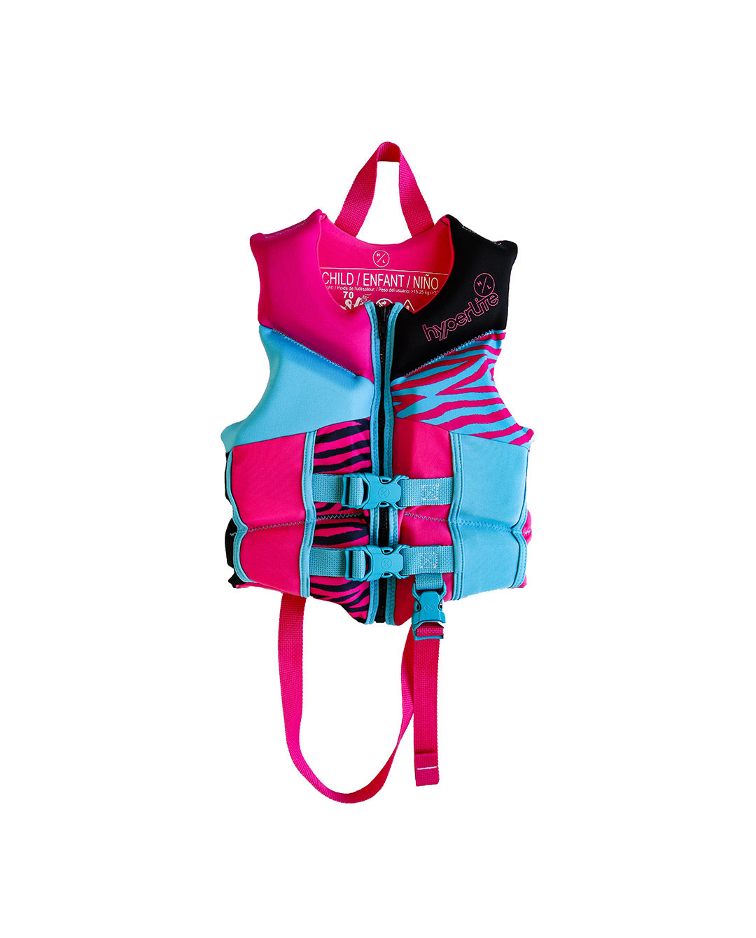 Child sized girls Hyperlite Colorful life vest on a white background. Pink, blue and black design