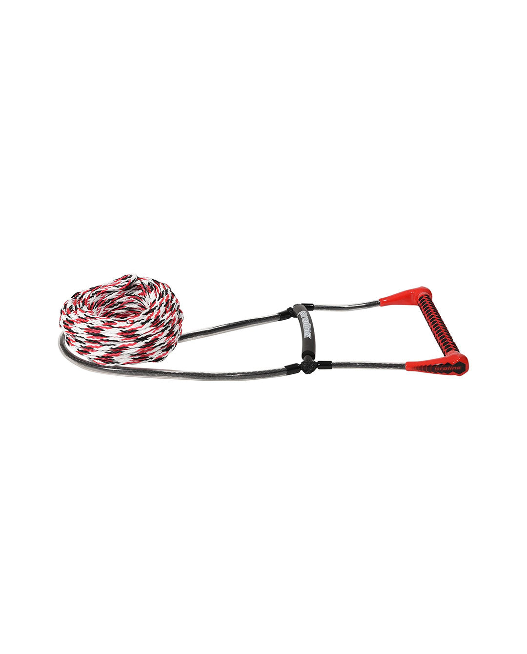 An easy up waterski rope and handle in black, red and white colour on white background