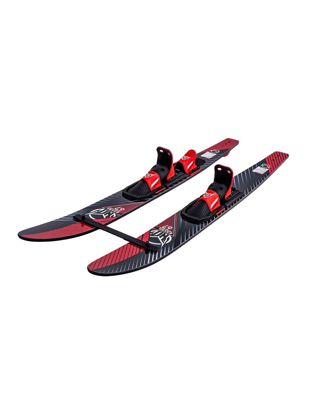 Pair of red and black combo water skis on a white background