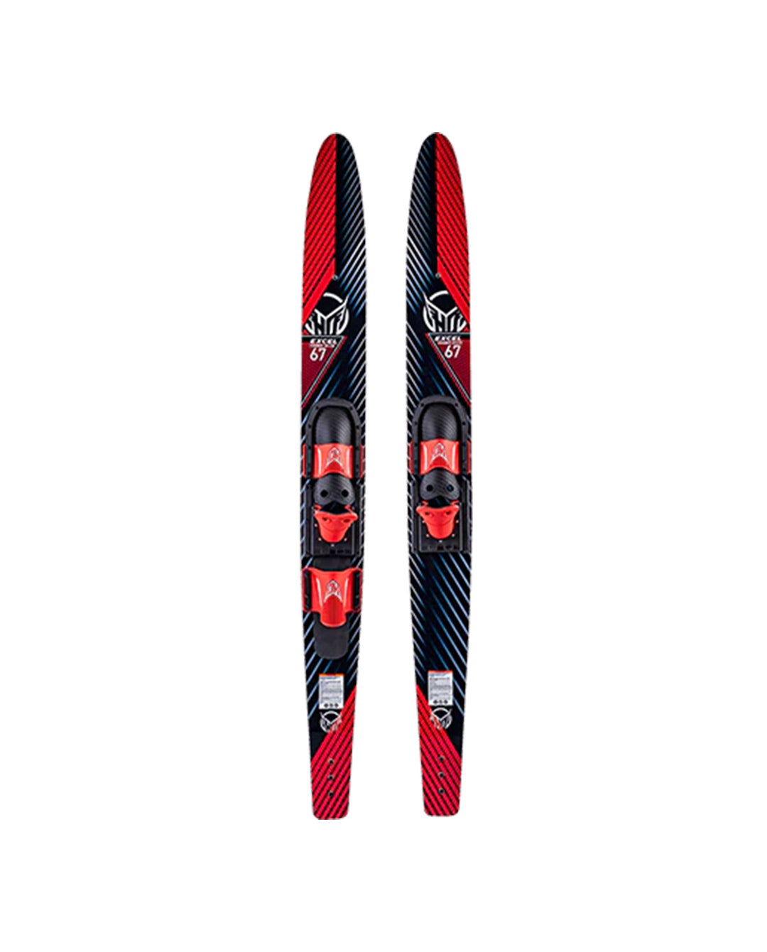 Pair of red and black water skis on a white background