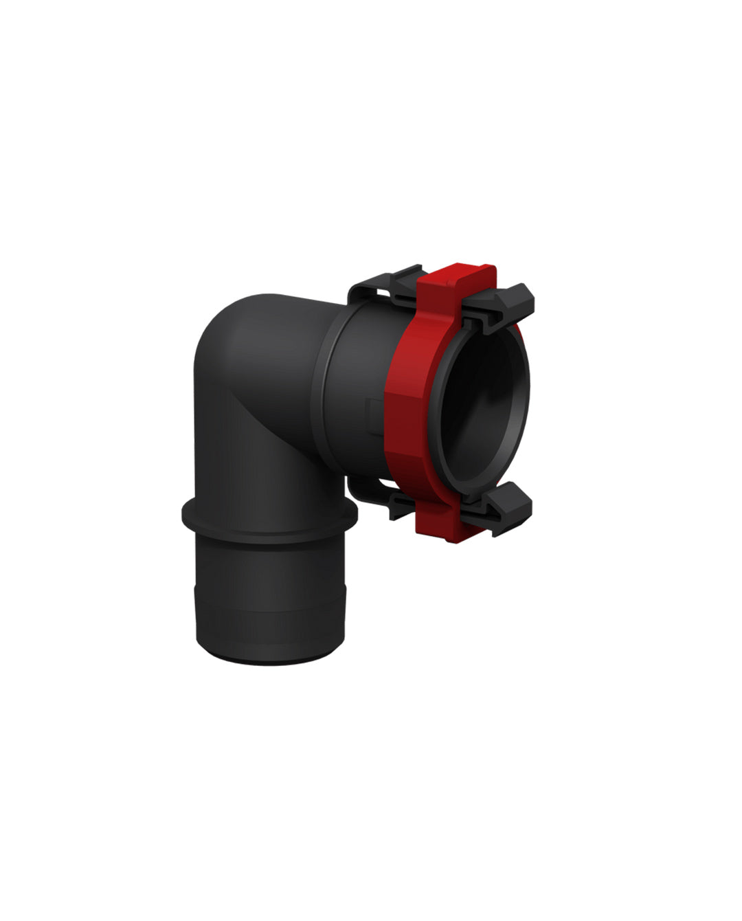 Elbow bend black pipe fitting with a red clamp on a white background