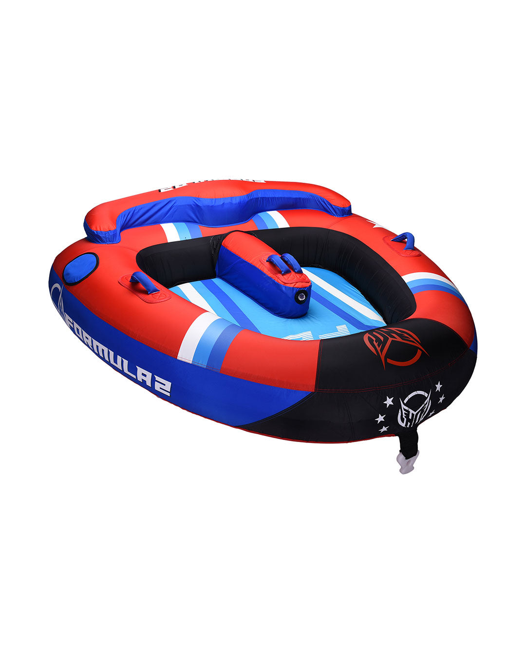 Inflatable towable tube with red, blue, and black design on a white background. 'HO Formula 2' branding in white.