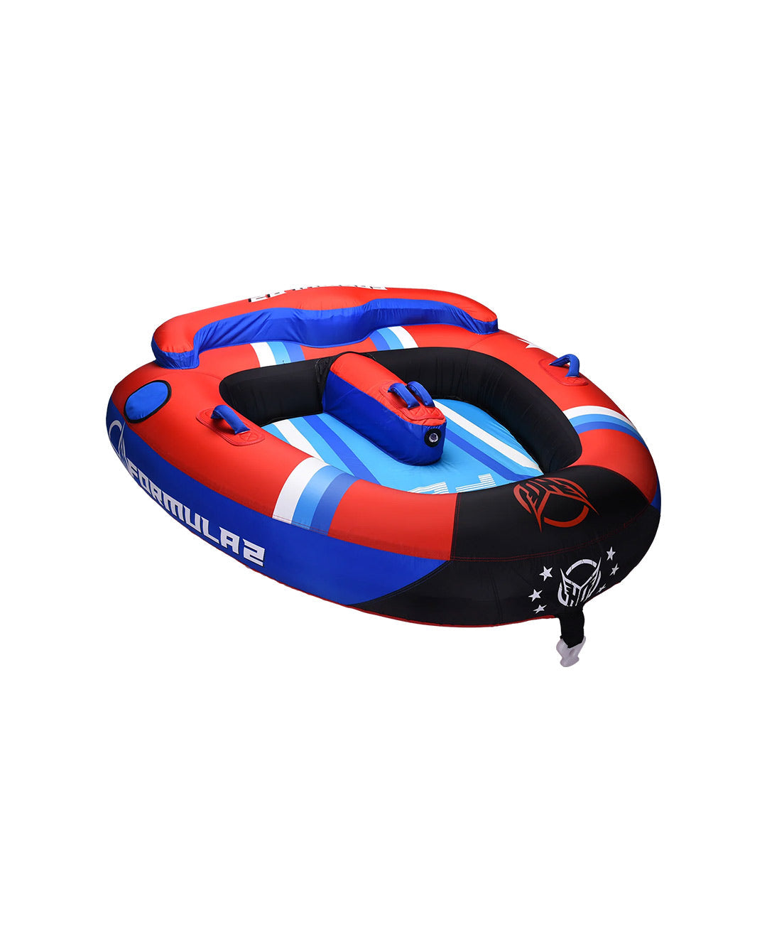 Inflatable towable tube with red, blue, and black design on a white background