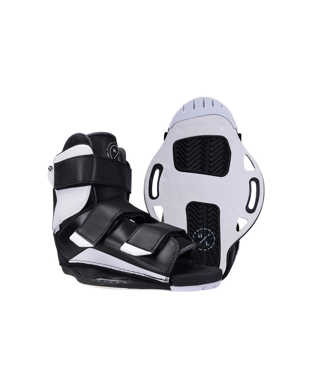 Pair of a Black and white wakeboard boots on a white background