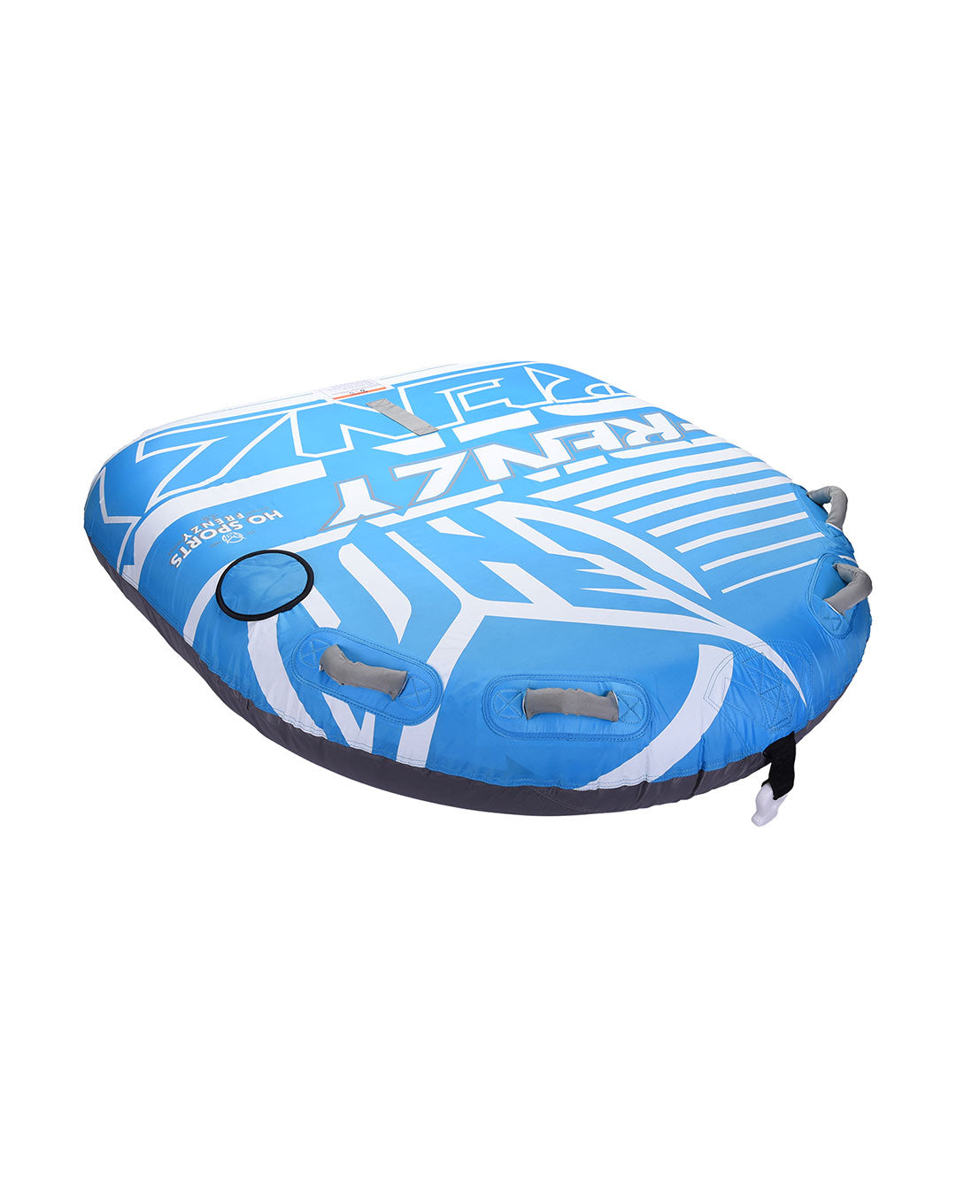 Blue and white inflatable towable tube with 'HO' branding on a white background