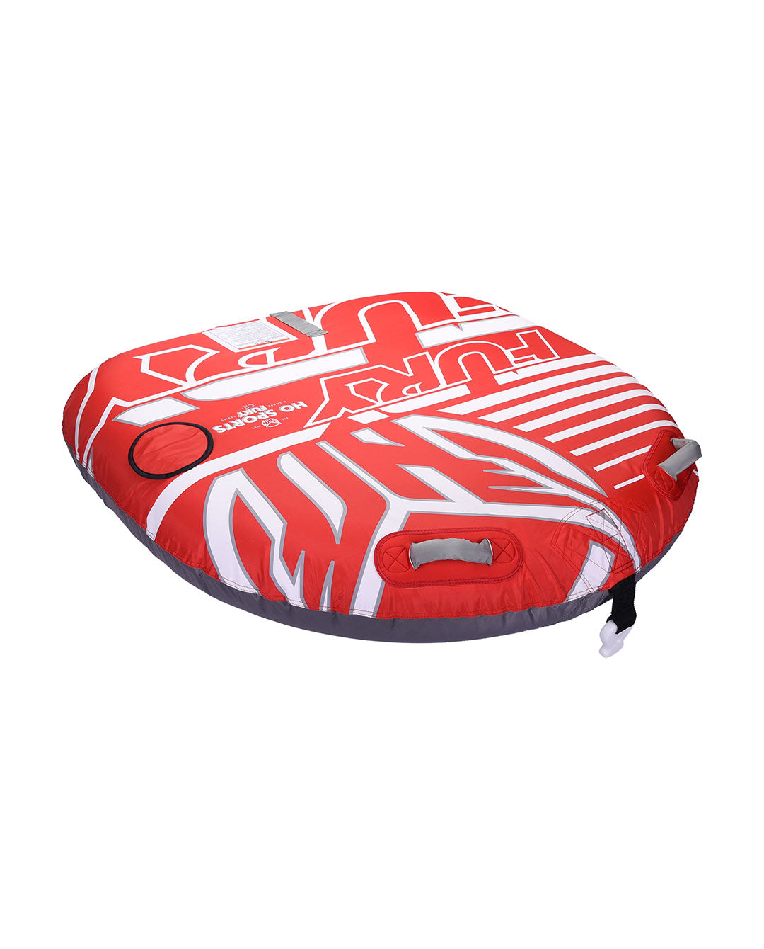 Red and white inflatable towable tube with 'Fury' branding on a white background