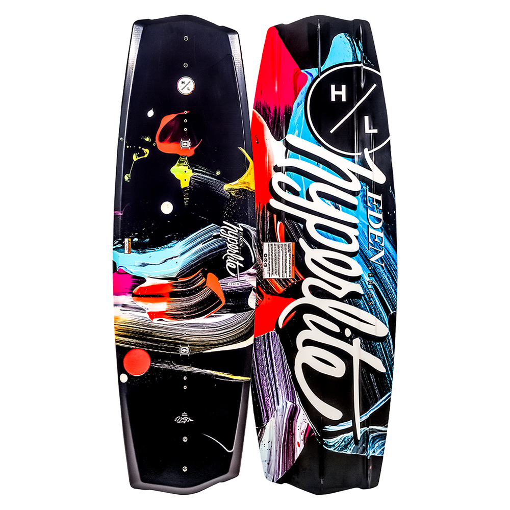Colorful wakeboard with 'Hyperlite' branding on a white background