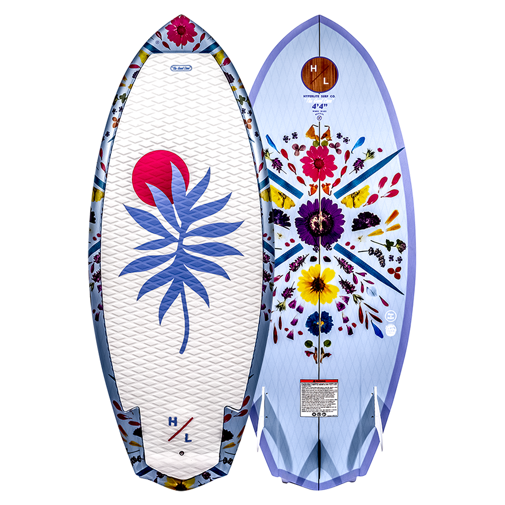 Top and bottom views of a womens wakesurfer with colorful design on a white background