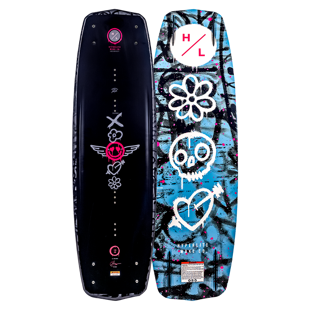 Two sides of a wakeboard with designs and branding on a white background
