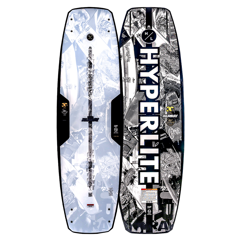 Front and back view of a Hyperlite wakeboards side by side on a white background