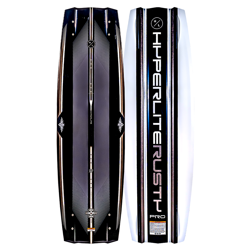 Front and back view of a Black and white Hyperlite wakeboard. Visible branding on a white background