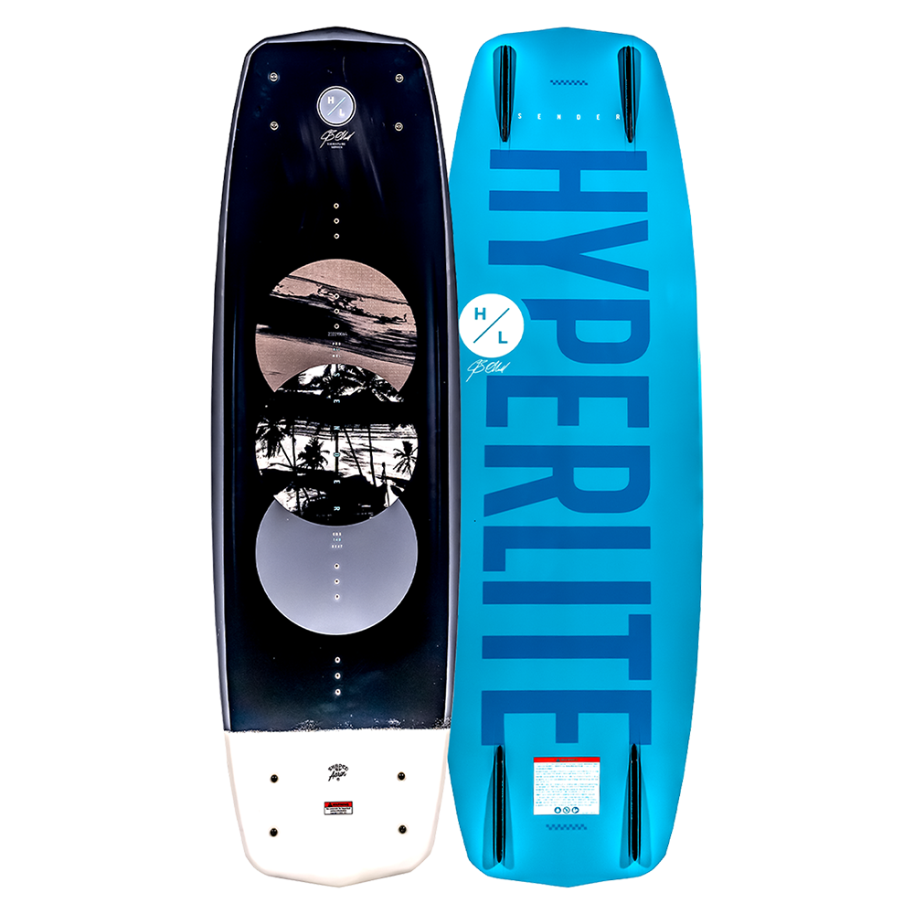 Two sides of a Hyperlite wakeboard with scenic design and branding.