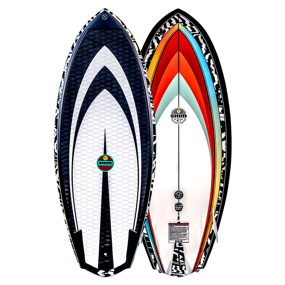 Front and back images of a wakesurfer, one black and white patterned and the other multicolored, on a white background. 'Hyperlite Shim' branding