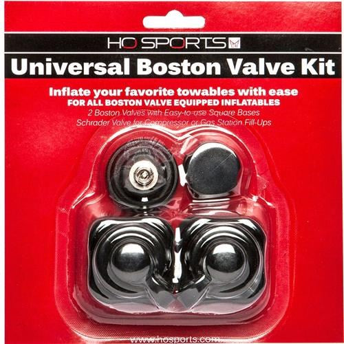 HO Sports Universal Boston Valve Kit packaging with red background and valve illustration.