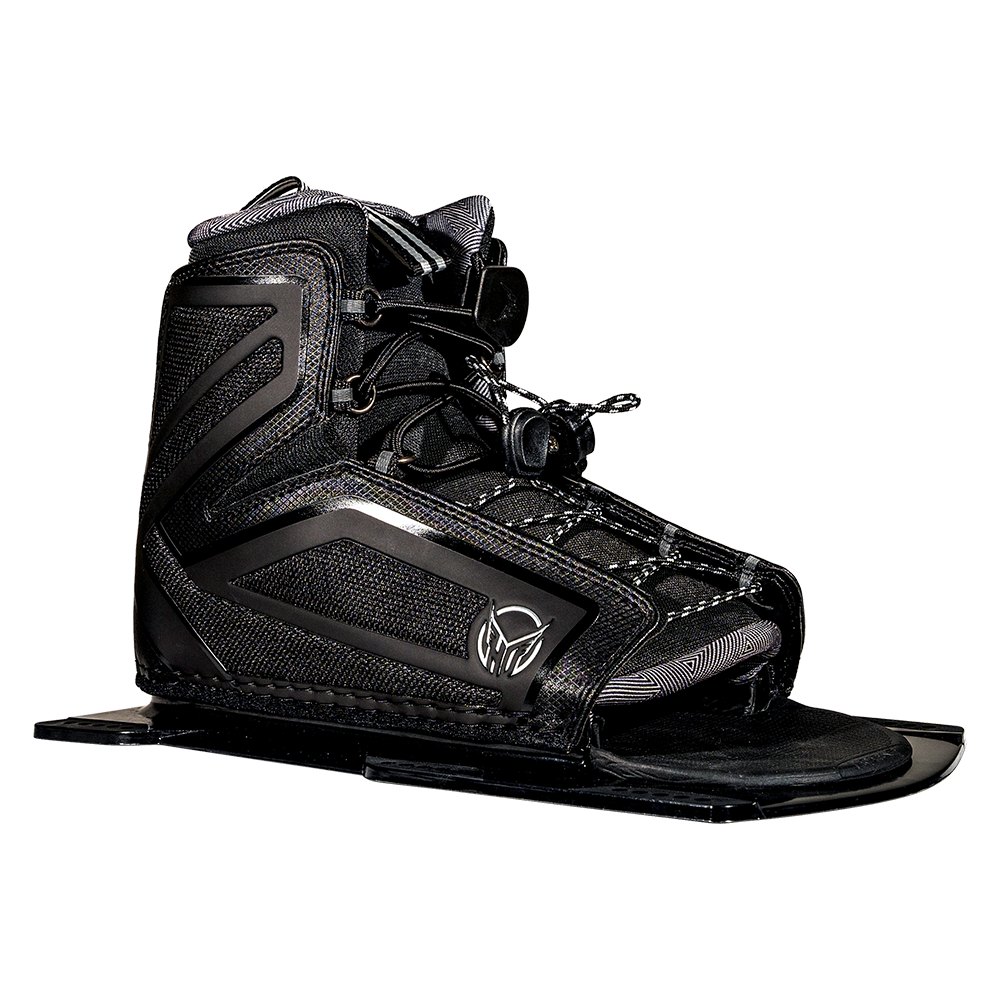 Right side view of a HO stance Black water ski boot with brand logo on a white background