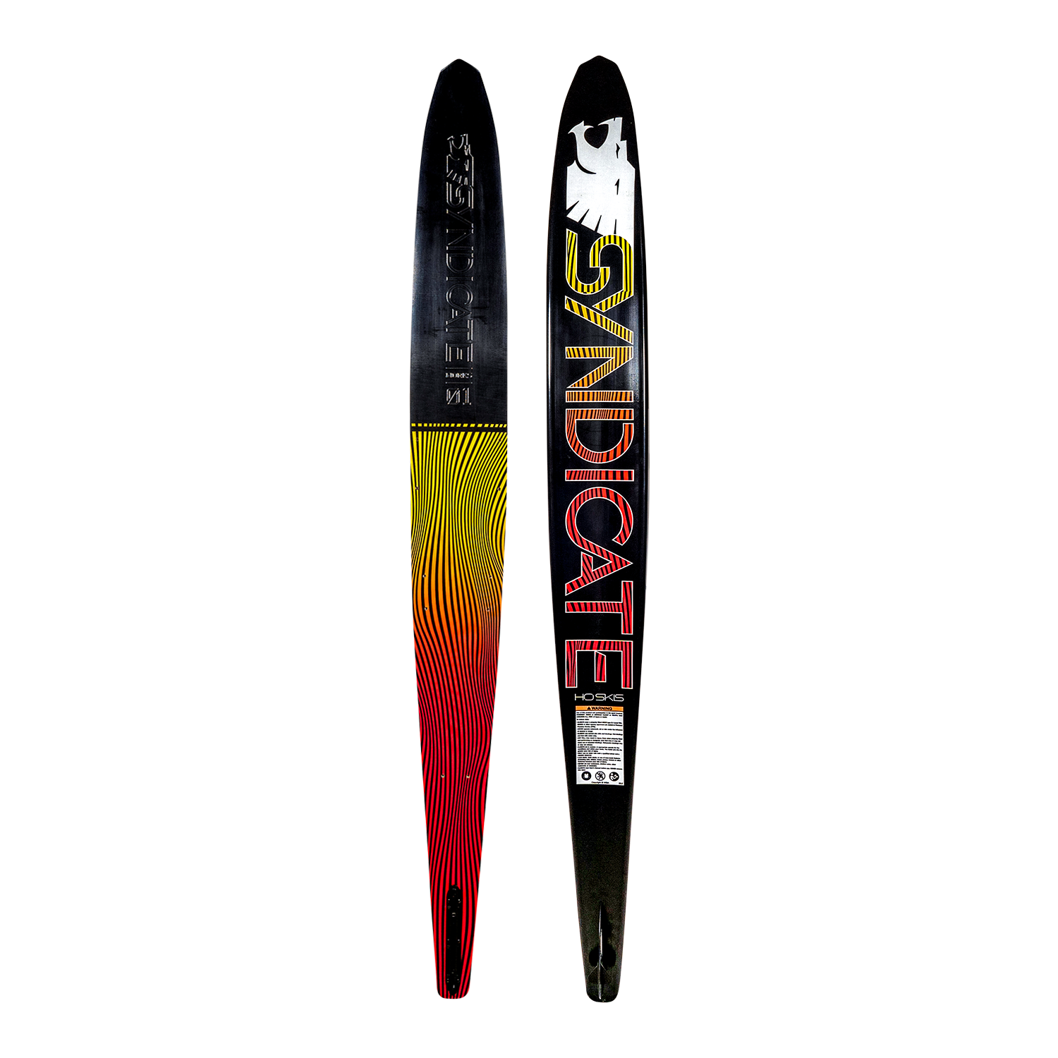 Top and bottom views of a water ski with a colorful design and 'Syndicate' branding on a white background.