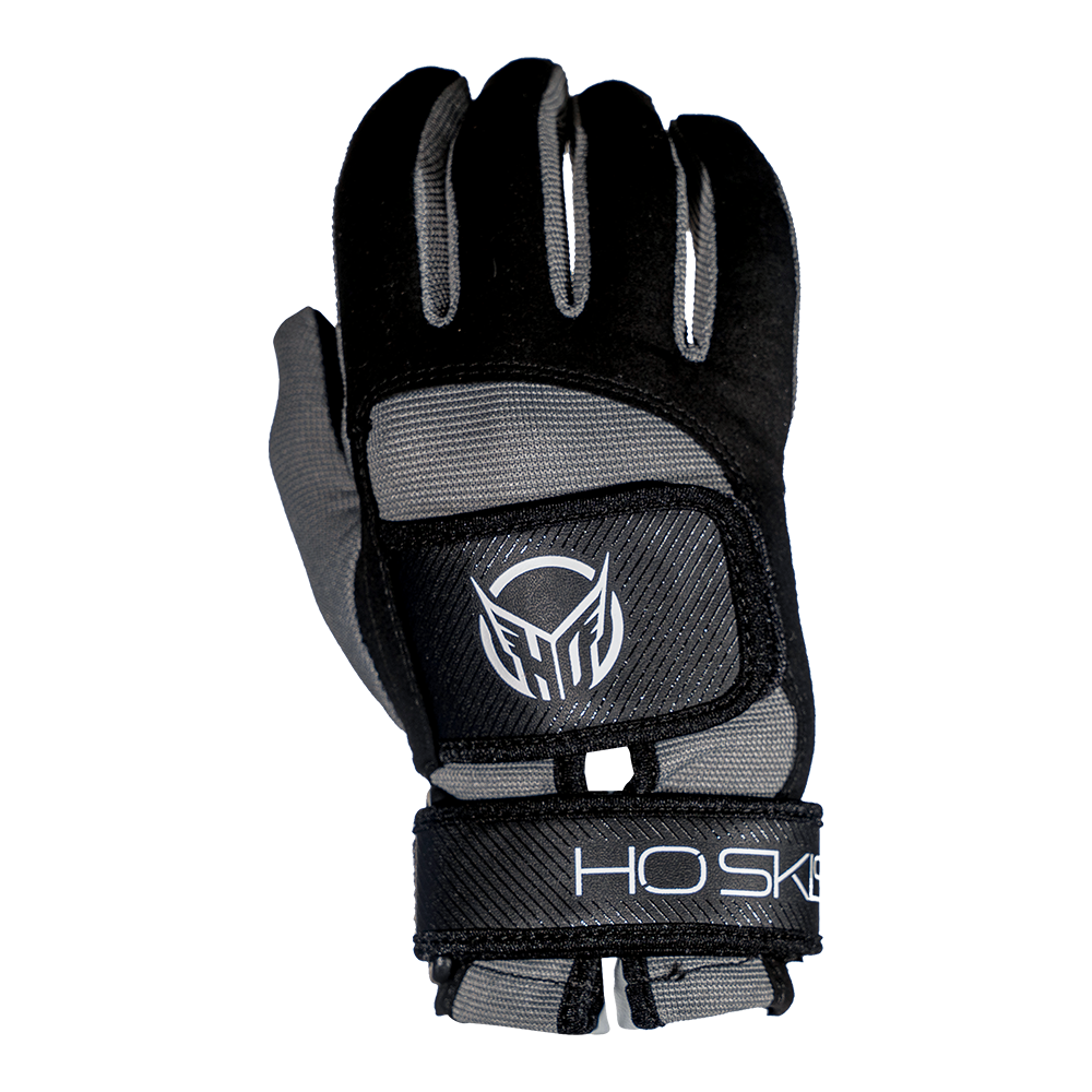 Black and gray waterski glove with a 'HO SPORTS' logo on a white background