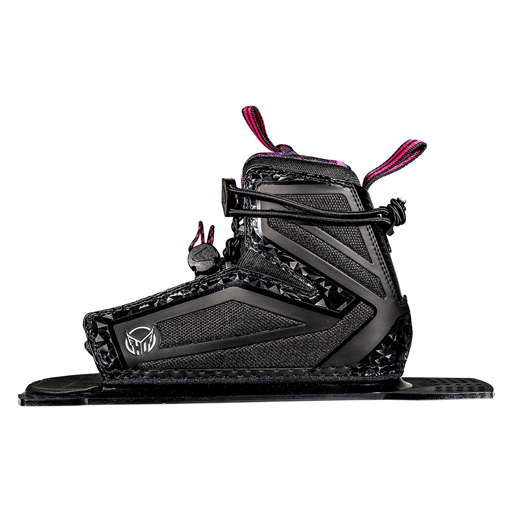 Black and pink waterski boot on a white background