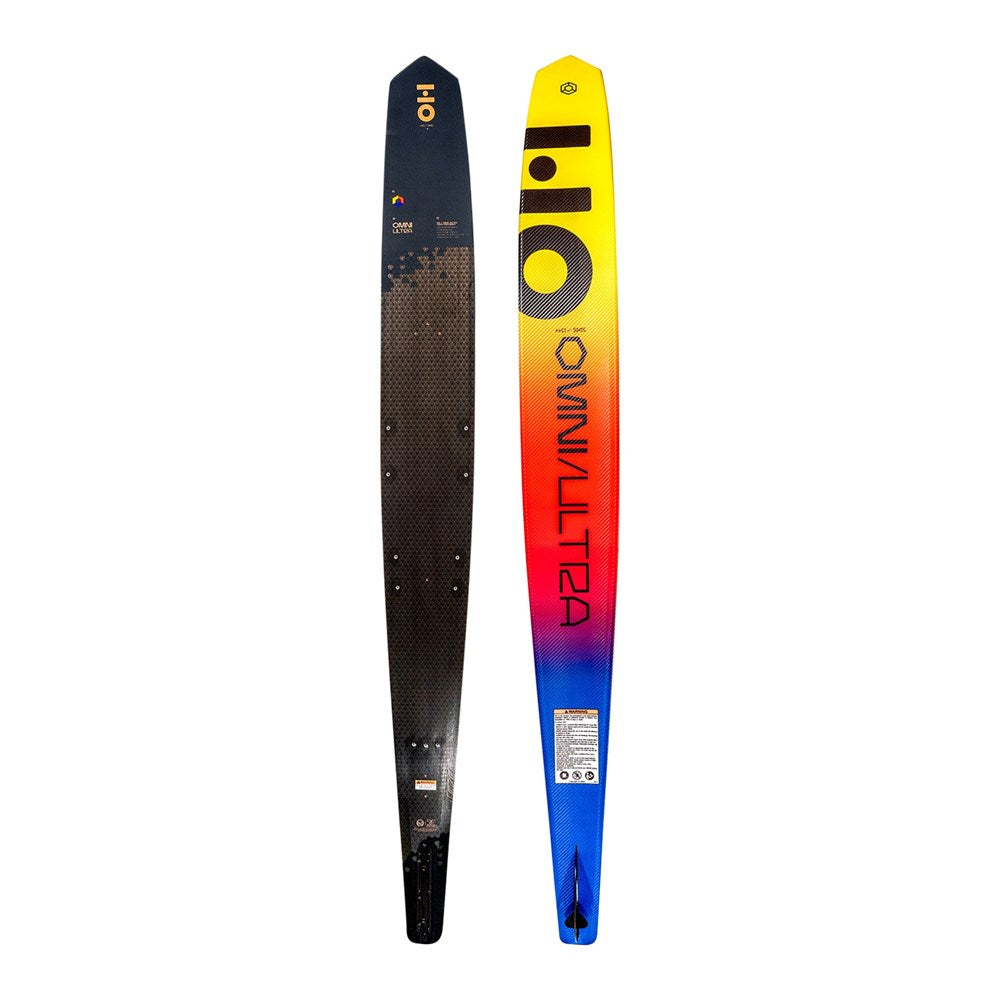 Front and back views of a water ski, one black and blue, the other yellow, red, and blue, on a white background.