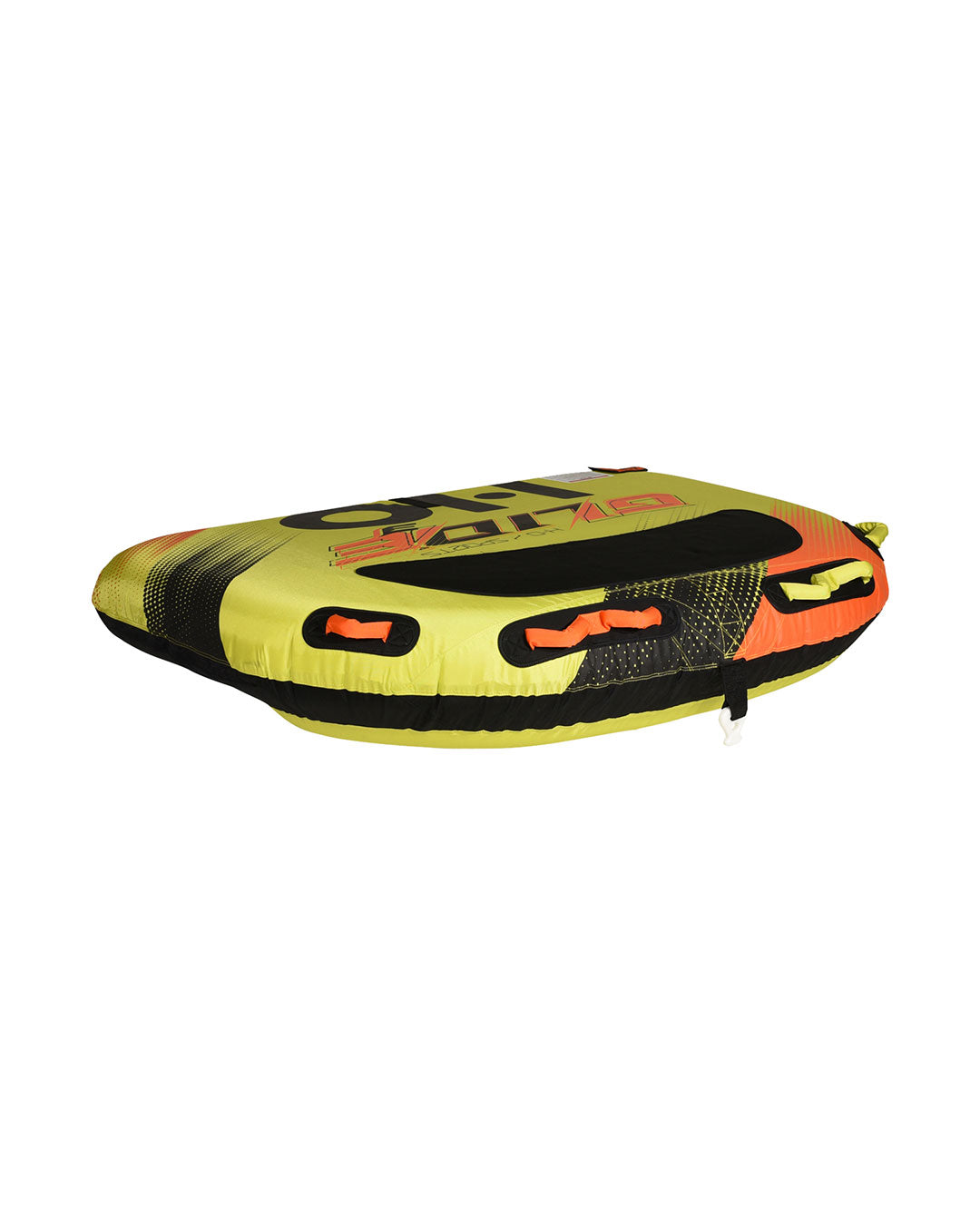 Yellow and Black towable tube with a brand logo on a white background