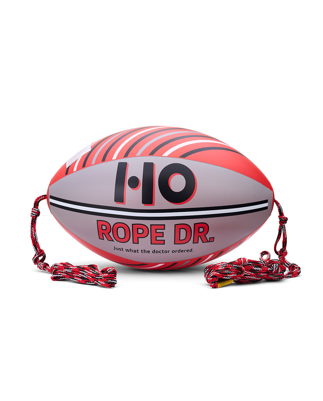 Red and gray rope straightening device ball with '1-10 Rope Dr.' branding on a white background
