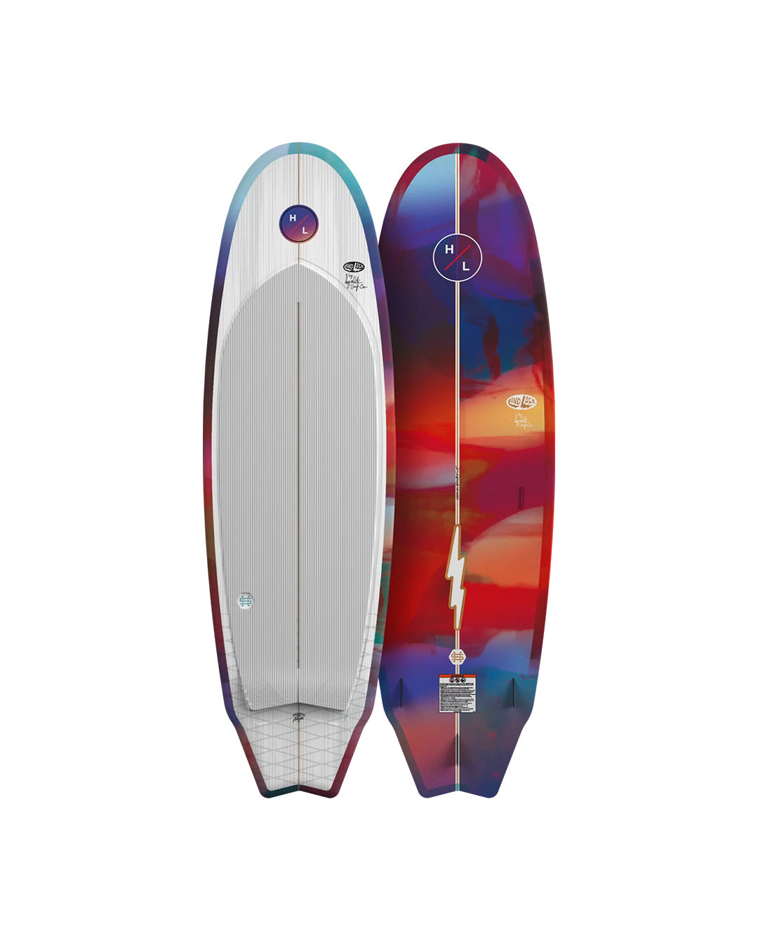 Front and back images of a 'Hyperlite' branded wakesurfer with colorful designs on a white background