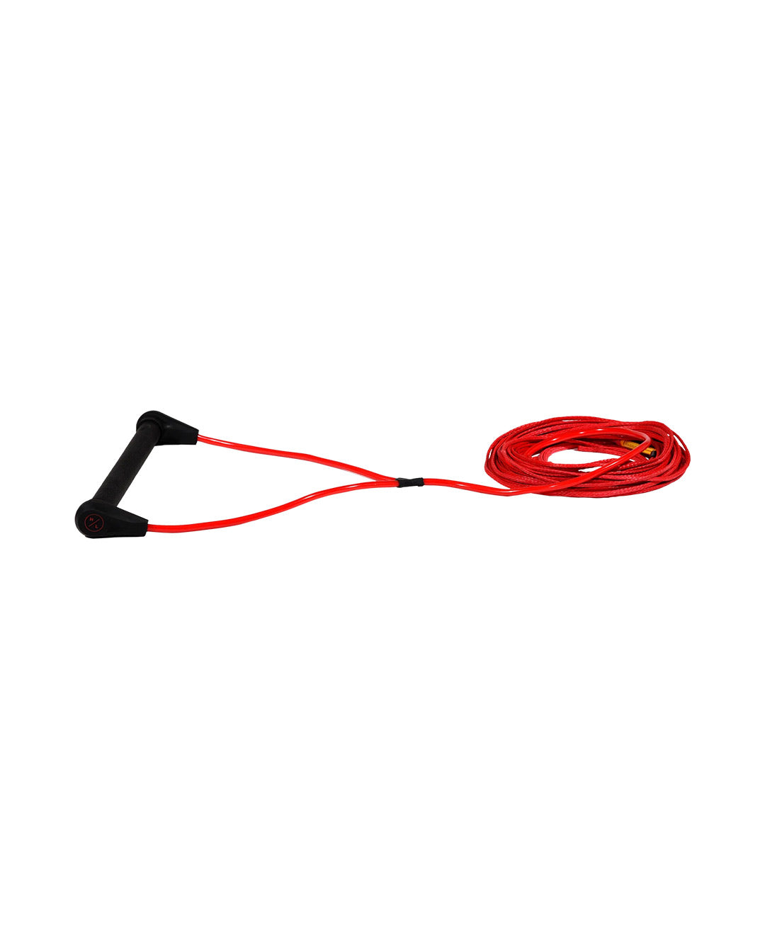 Red waterski rope with black handle on a white background