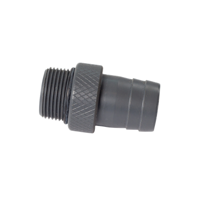Fatsac Gray male barbed hose connector on a white background