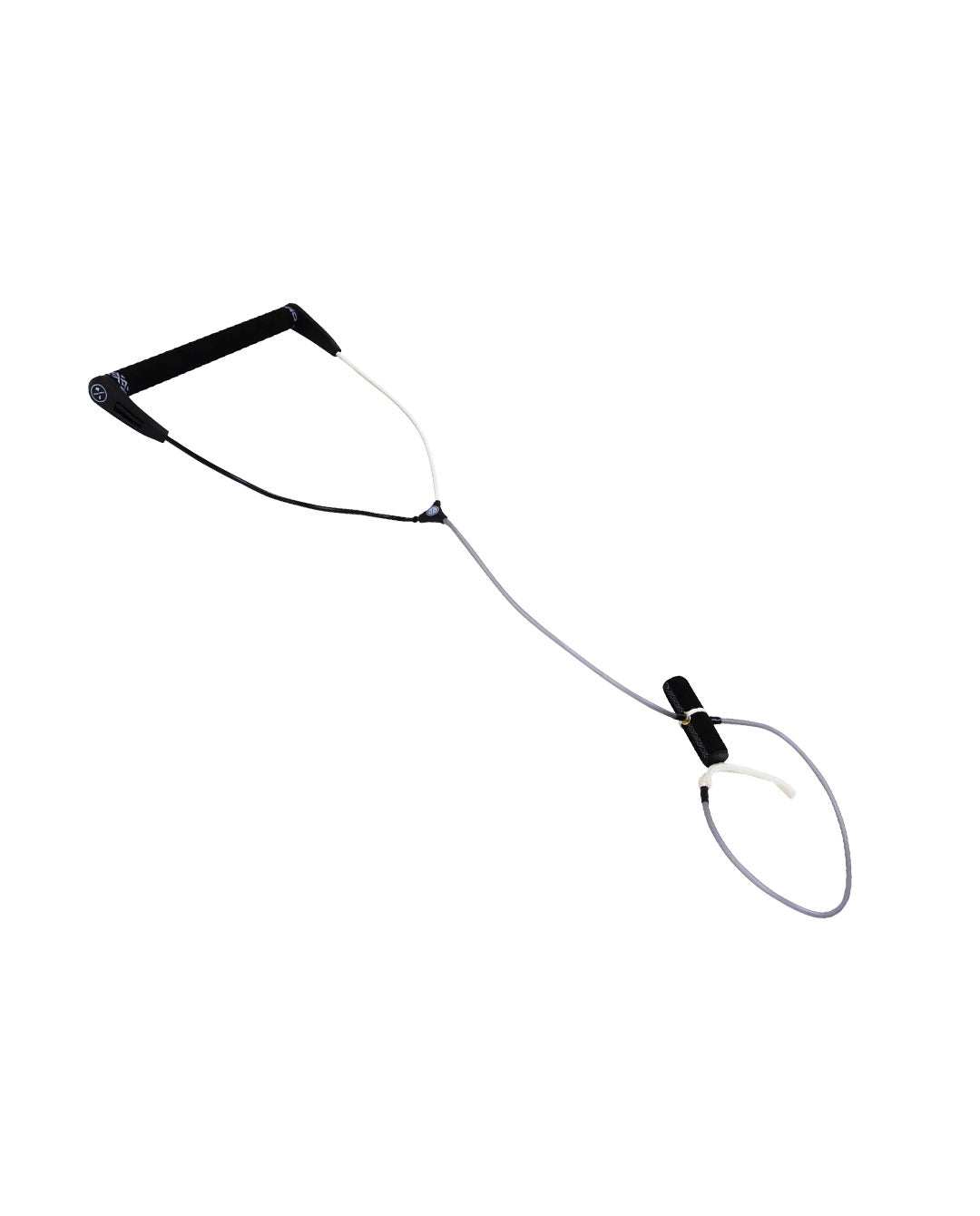Black wakeboard handle with a white rope on a white background