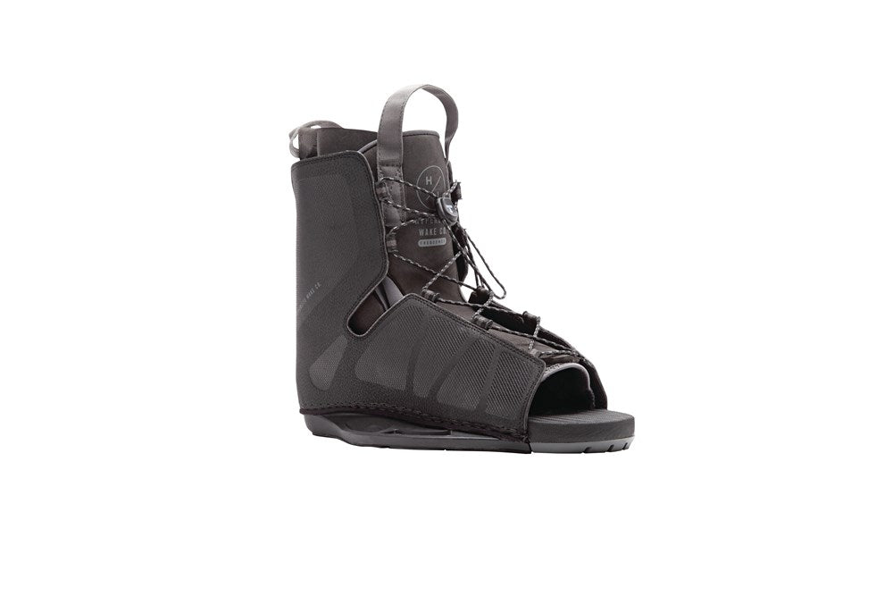 Black wakeboard boot with straps on a white background