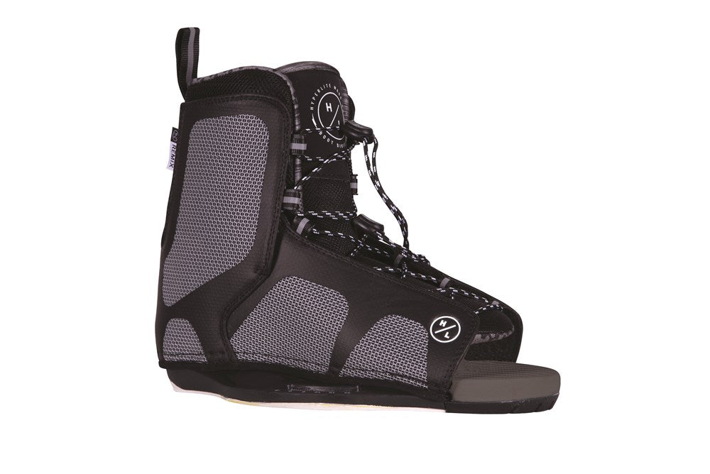 Black and gray Hyperlite Remix wakeboard boot with white logos on a white background.  
