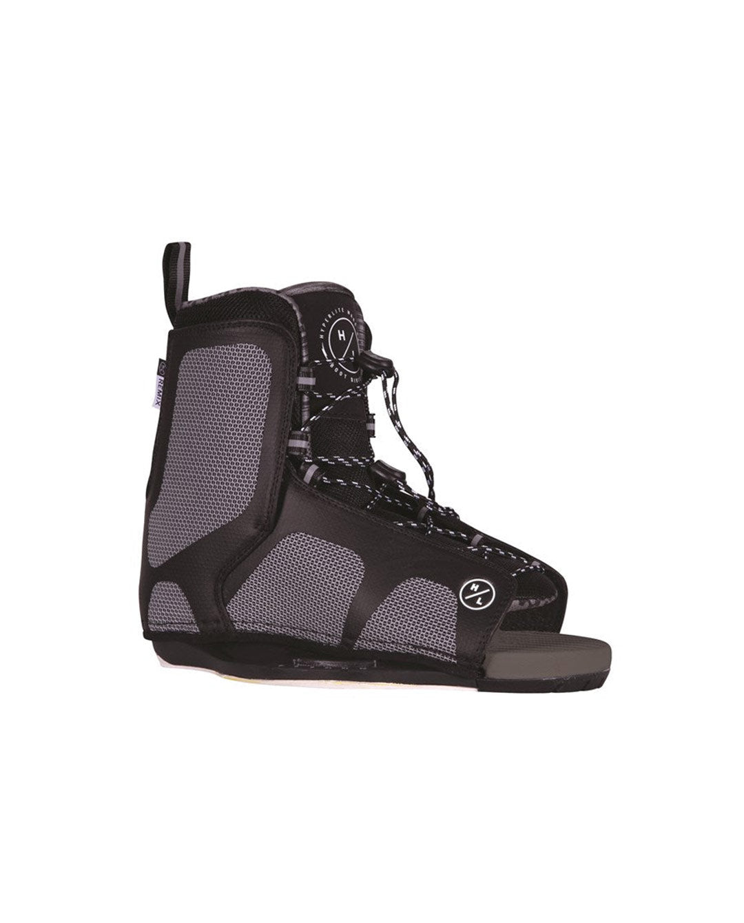 Black wakeboard boots with Hyperlite  logo on a white background