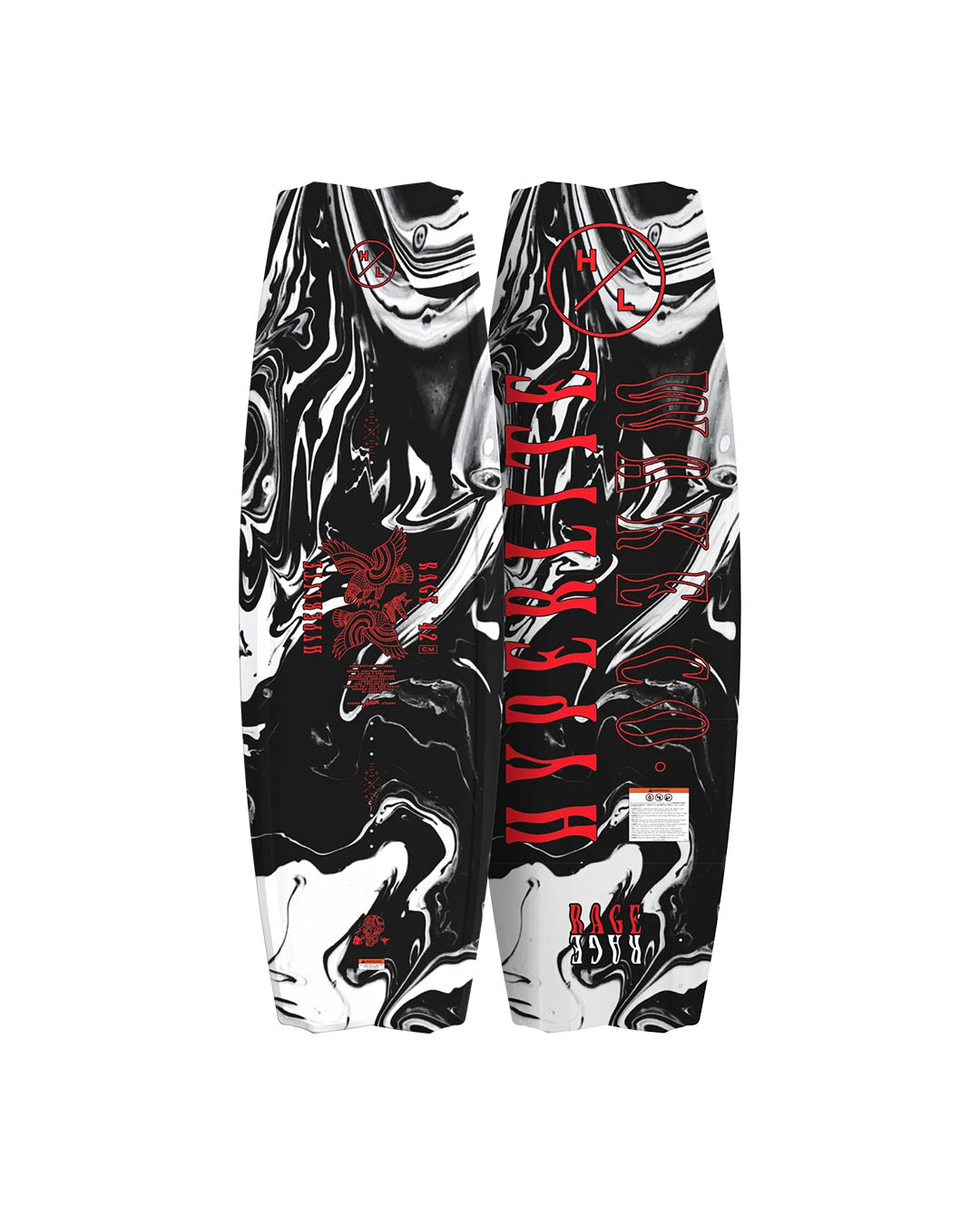 Front and back views of a Black and white wakeboard with red text and abstract designs on a white background
