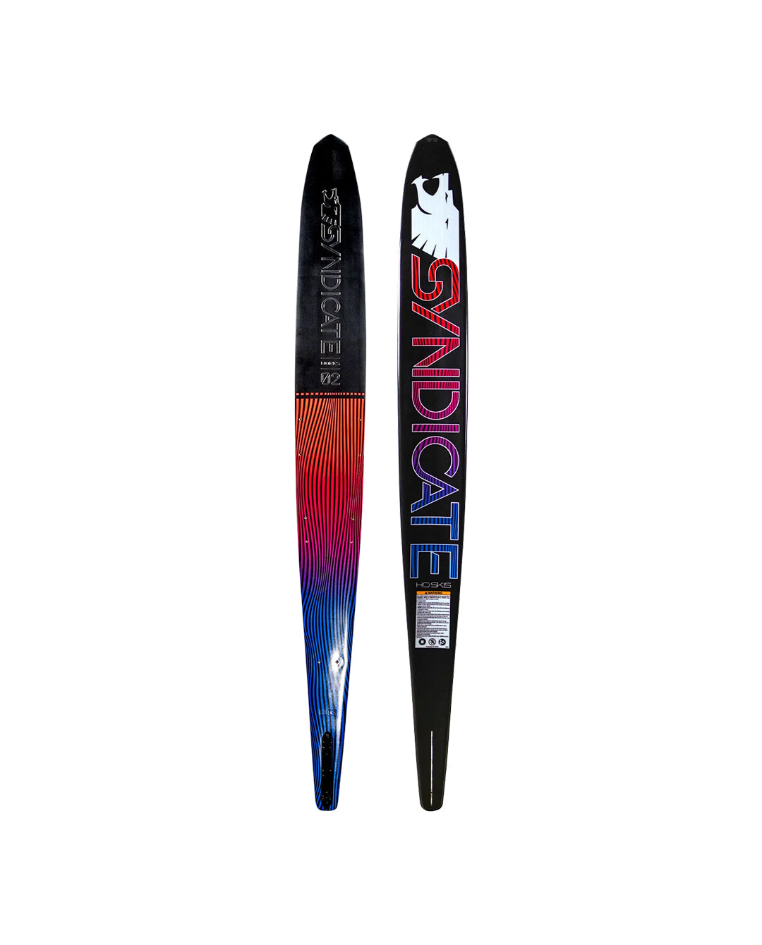 Top and bottom views of a water ski with a colorful design and 'Syndicate' branding on a white background.