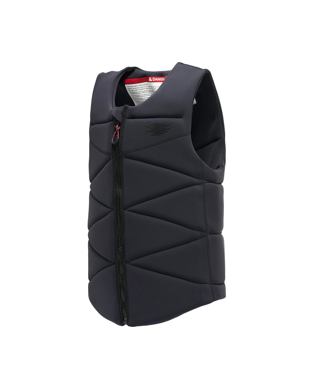 Black waterski buoyancy vest with a brand logo on a white background