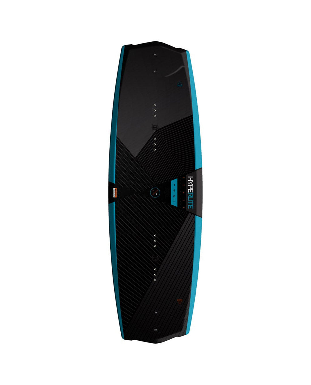 Black and blue wakeboard with Hyperlite logo on a white background