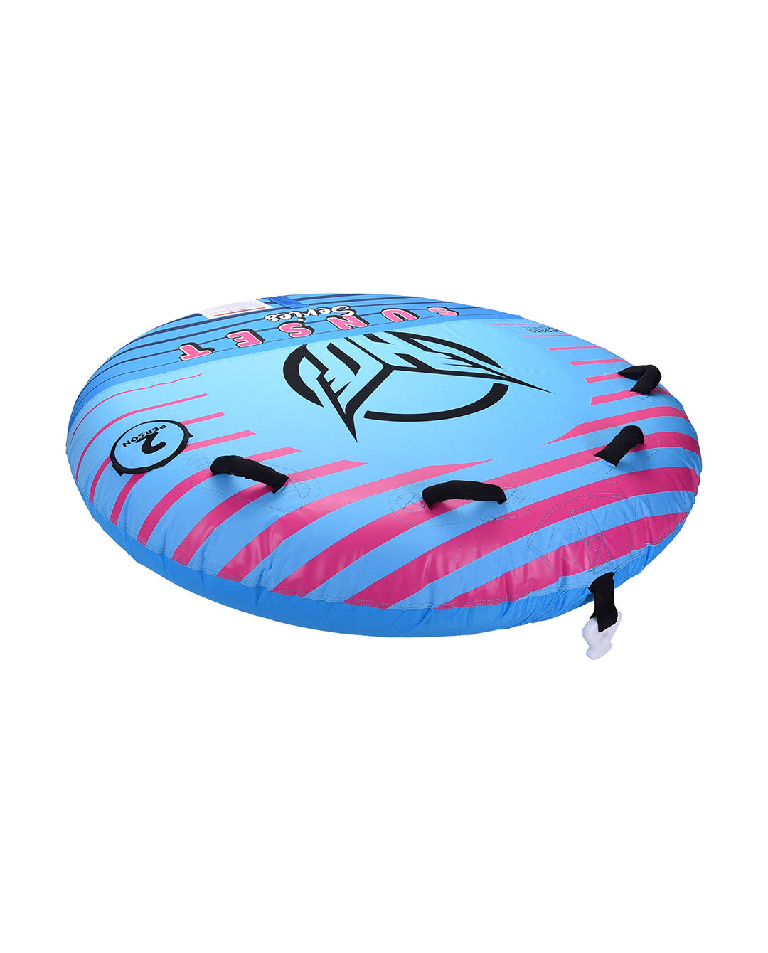 Blue and pink inflatable towable tube with black handles on a white background