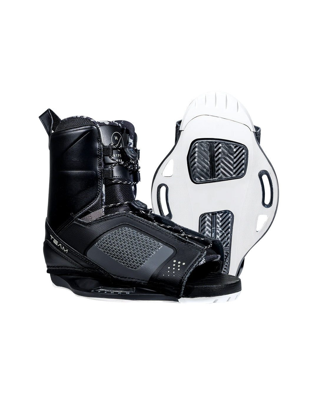 Black and white wakeboard boots on a white background