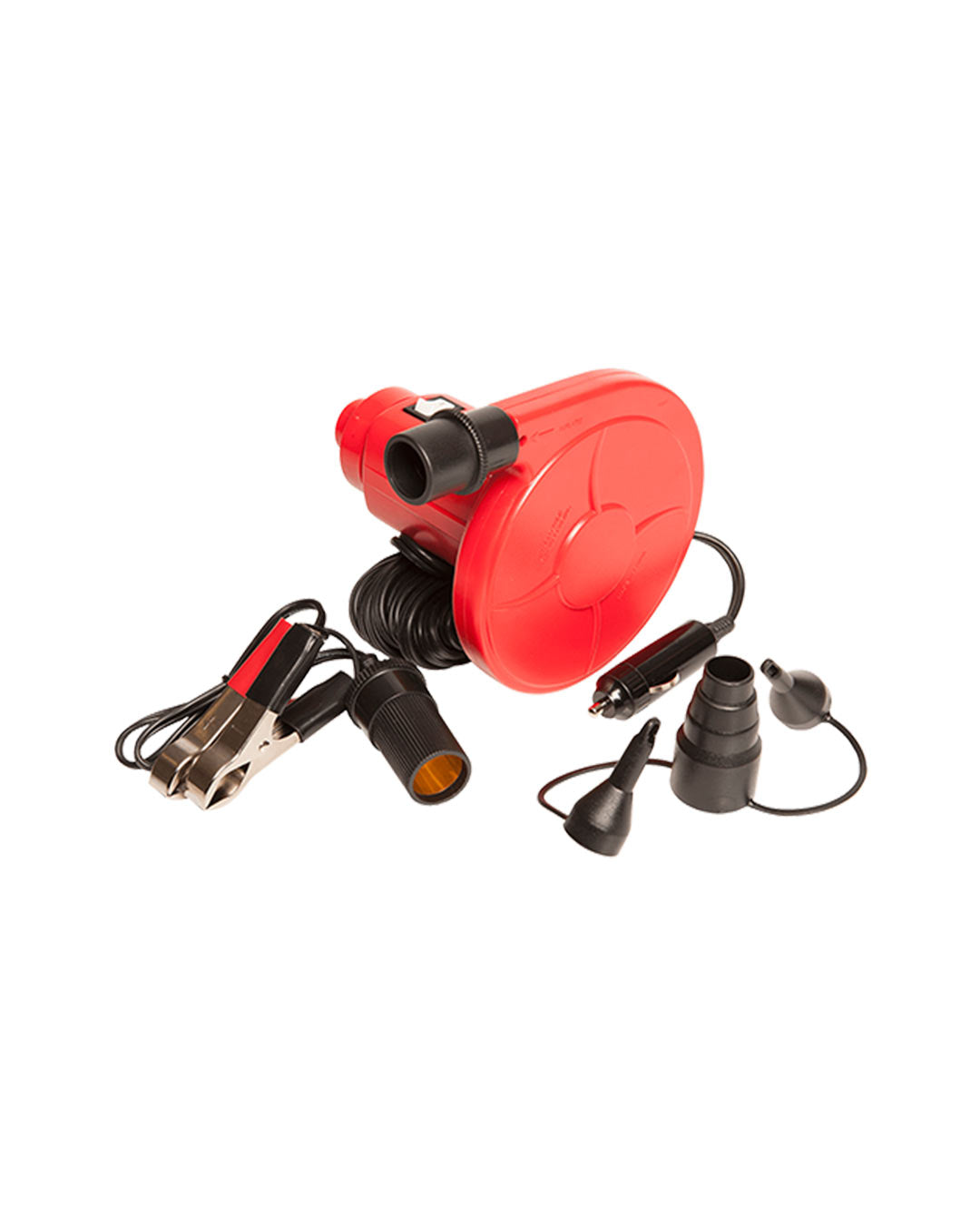 Red electric air pump with various connectors on a white background