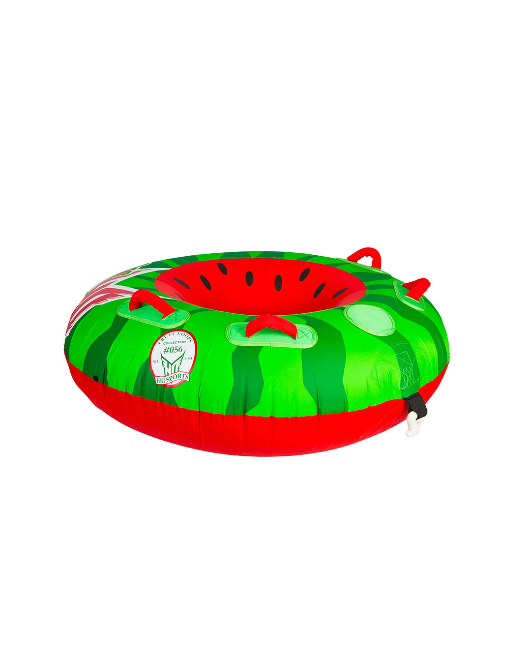 Inflatable watermelon-patterned towable tube on a white background